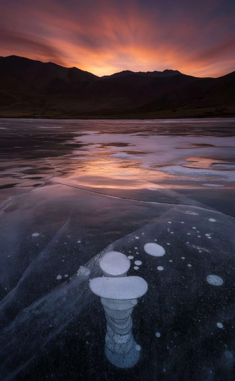 Sunset over a frozen lake in Ladakh