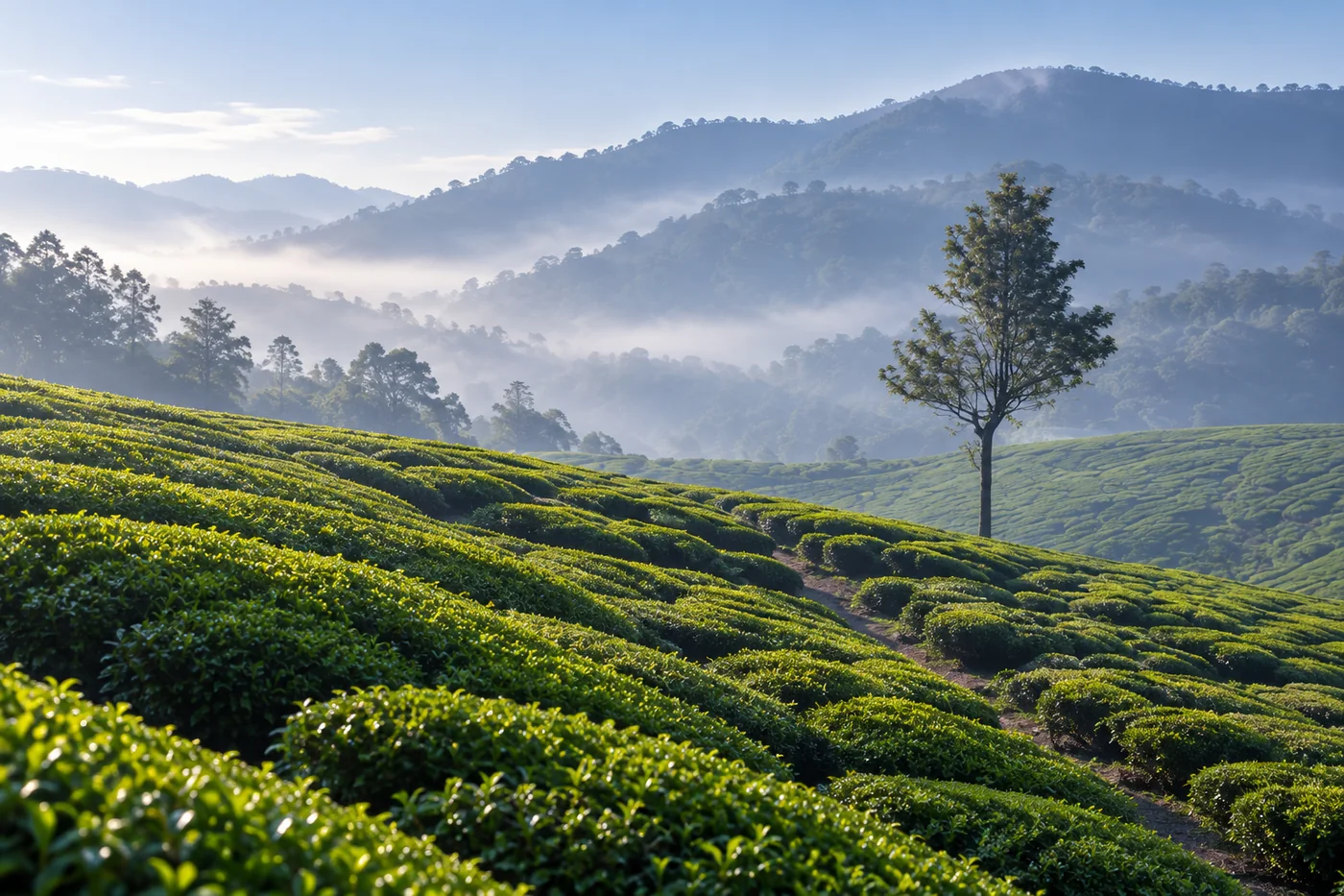 Tea fields and misty hills in Munnar